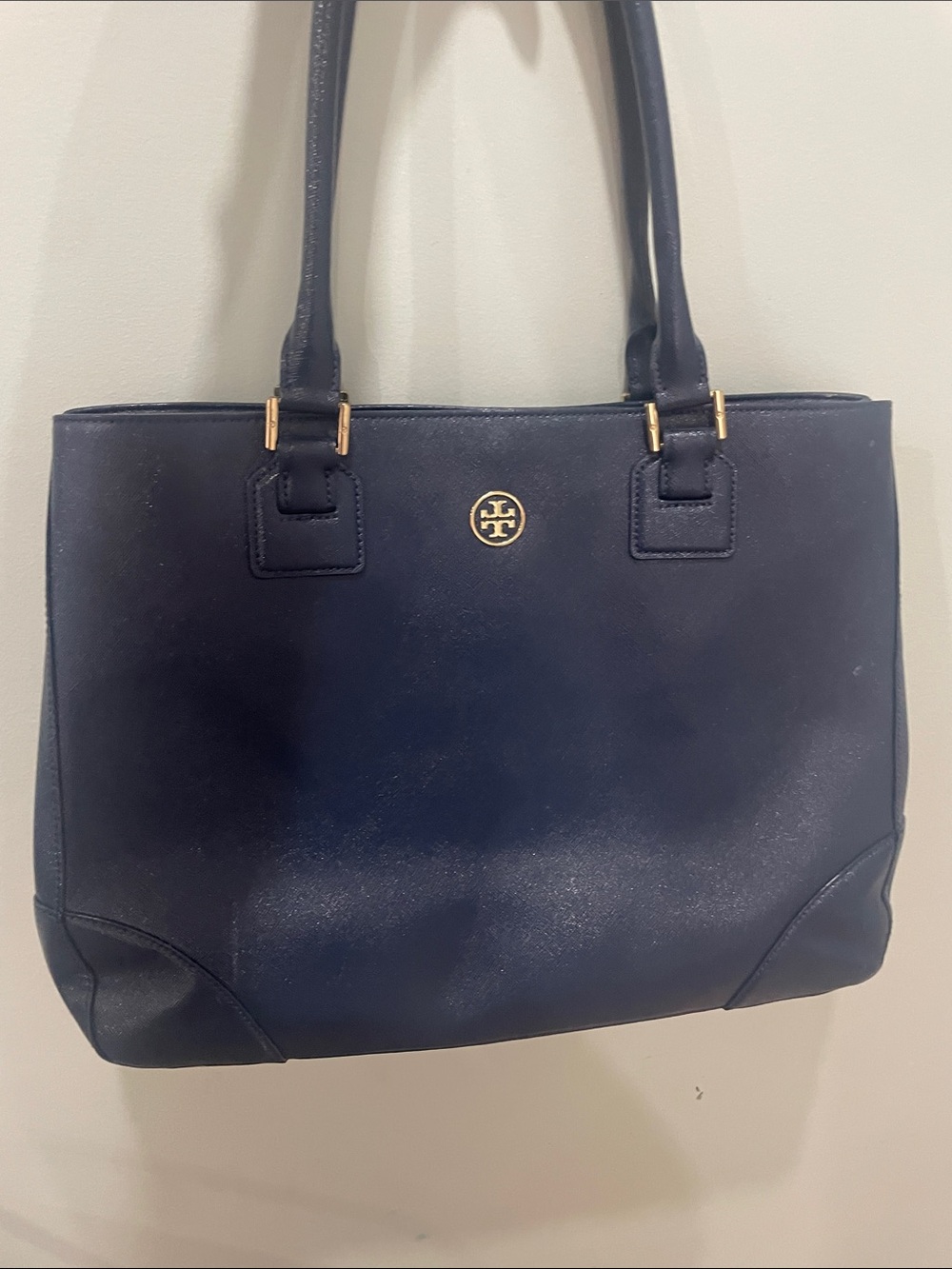 Tory Burch Navy Leather Double-Handle Tote with Gold Logo
